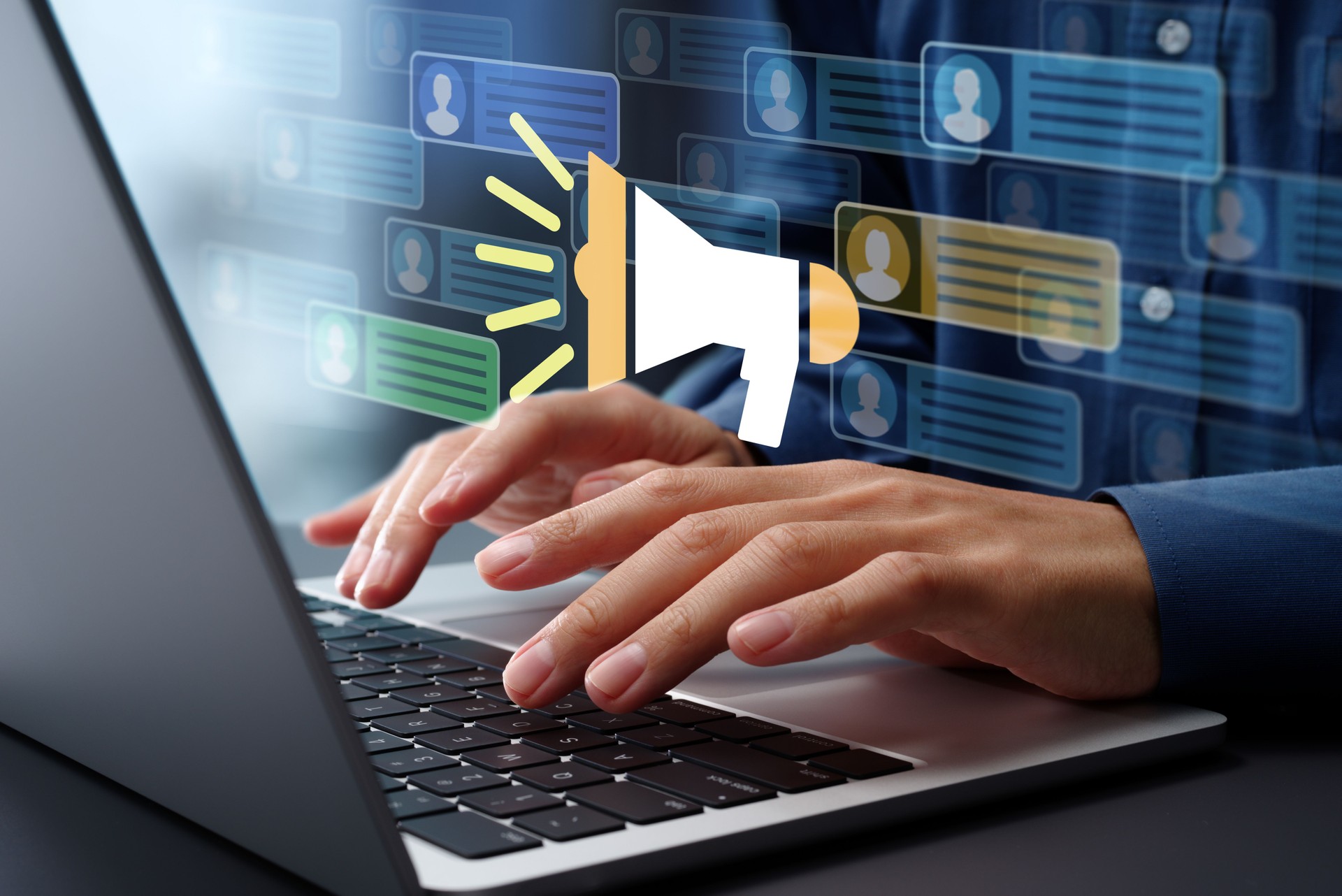 Social media campaigns and marketing strategy. Optimization of target audience and segmentation. Influencer using laptop computer to promote brand.