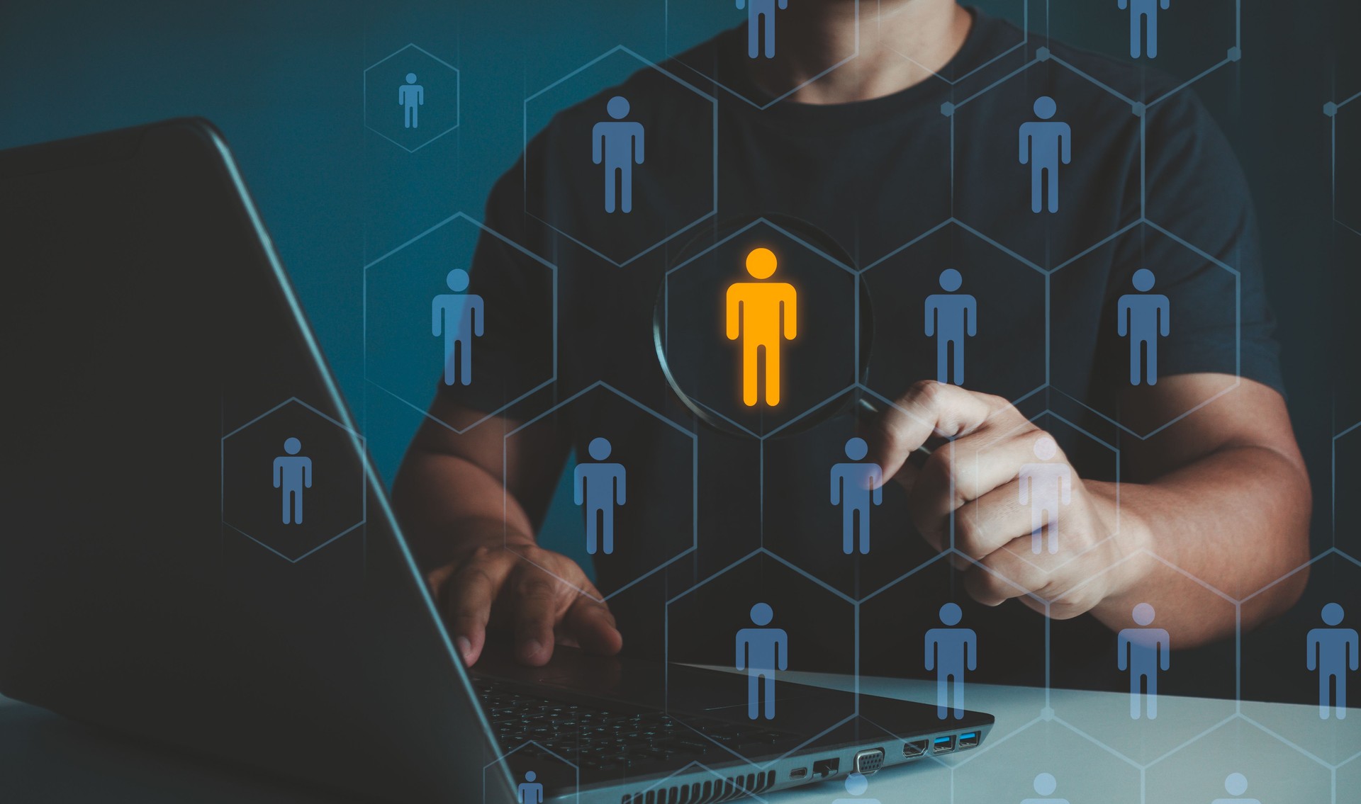 Job Search Human Resources Recruitment Career Business Internet Technology Concept. Concept of recruitment, HR processes, a magnifying glass is used to find the perfect candidate for a job interview.